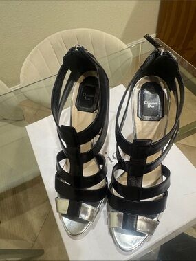 Dior Black Leather Strappy Heels with Silver Toe Caps